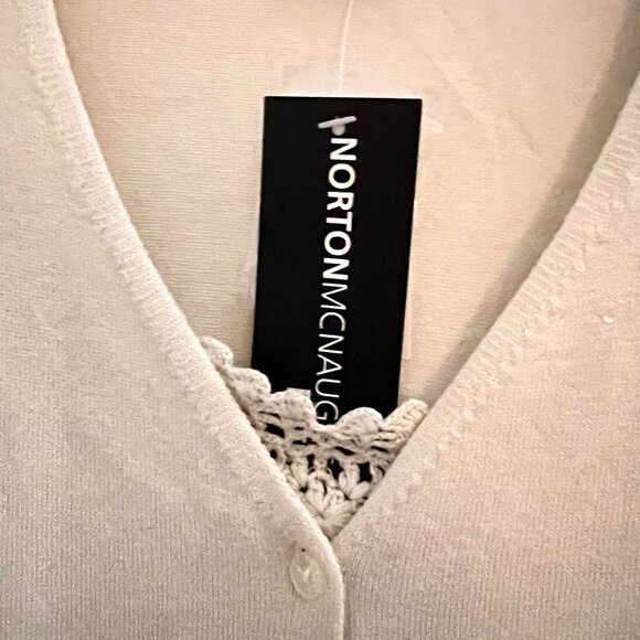 NWT Norton McNaughton Ivory Cardigan Silk Crochet Trim Lace Front Panel PM - Picture 2 of 11